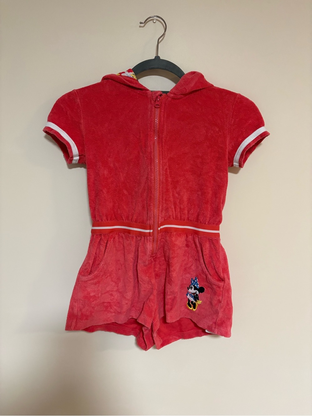Disney Red Hooded Terry Romper with Minnie Detail